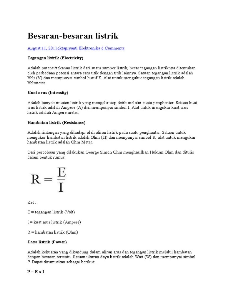 V adalah tegangan listrik dlm satuan volt. Besaran Dan Satuan Listrik