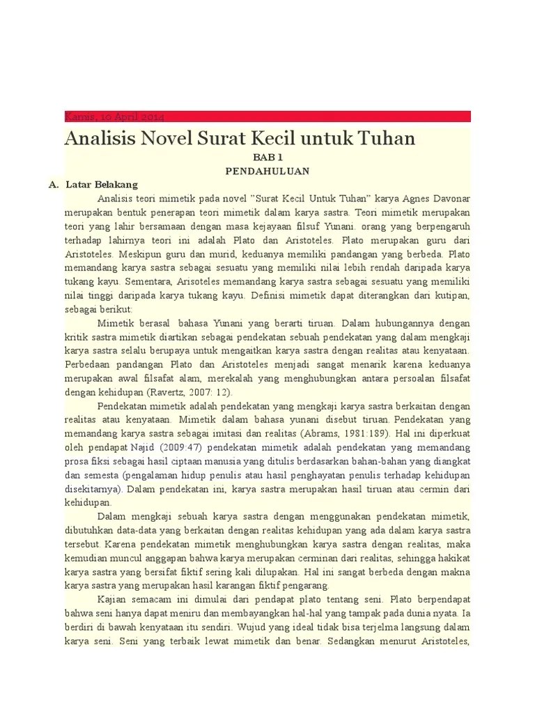 Novel ini mengisahkan tentang perjuangan gadis remaja yang sedang melawan penyakit kanker ganasnya yaitu rabdomiosarkona (kanker jaringan lunak) . Penggalan Novel Surat Kecil Untuk Tuhan Kumpulan Surat Penting