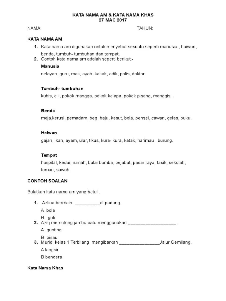 Encik rosli bekerja sebagai doktor di hospital sultanah aminah. Thn 1 Kata Nama Am Kata Nama Khas Pdf