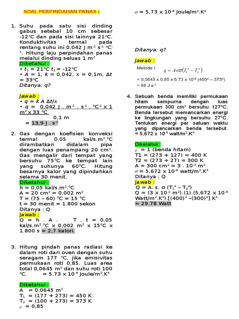 Nomor 1 sebuah termometer x setelah ditera dengan termometer celcius di dapat 40oc = 80ox dan 20oc = 50ox. Soal Perpindahan Panas Pdf