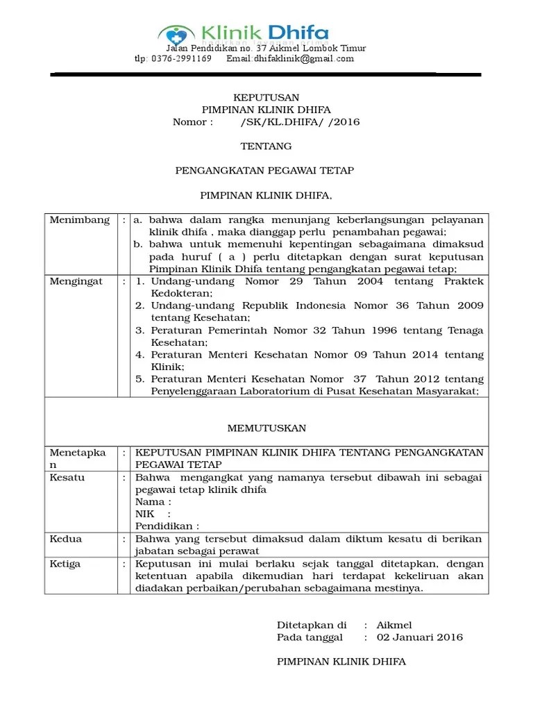 Pengangkatan pegawai tidak tetap (ptt). Surat Pengangkatan Karyawan Tetap Berbagi Informasi