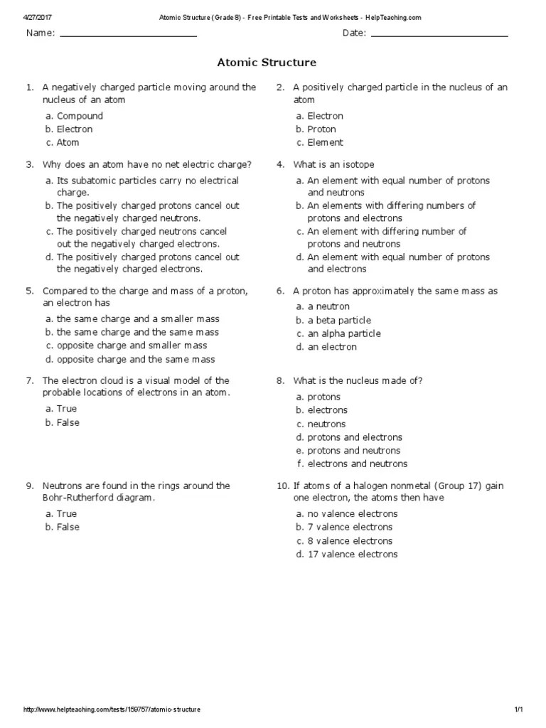 Atomic structure fill in the parts of the atom. Atomic Structure Grade 8 Free Printable Tests And Worksheets Helpteaching Pdf Atoms Proton