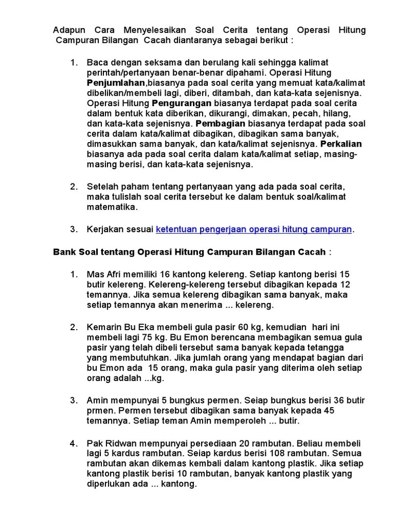 Ada hitungan acak, puzzle logika hingga soal cerita yang harus kita . Soal Cerita Matematika Pdf