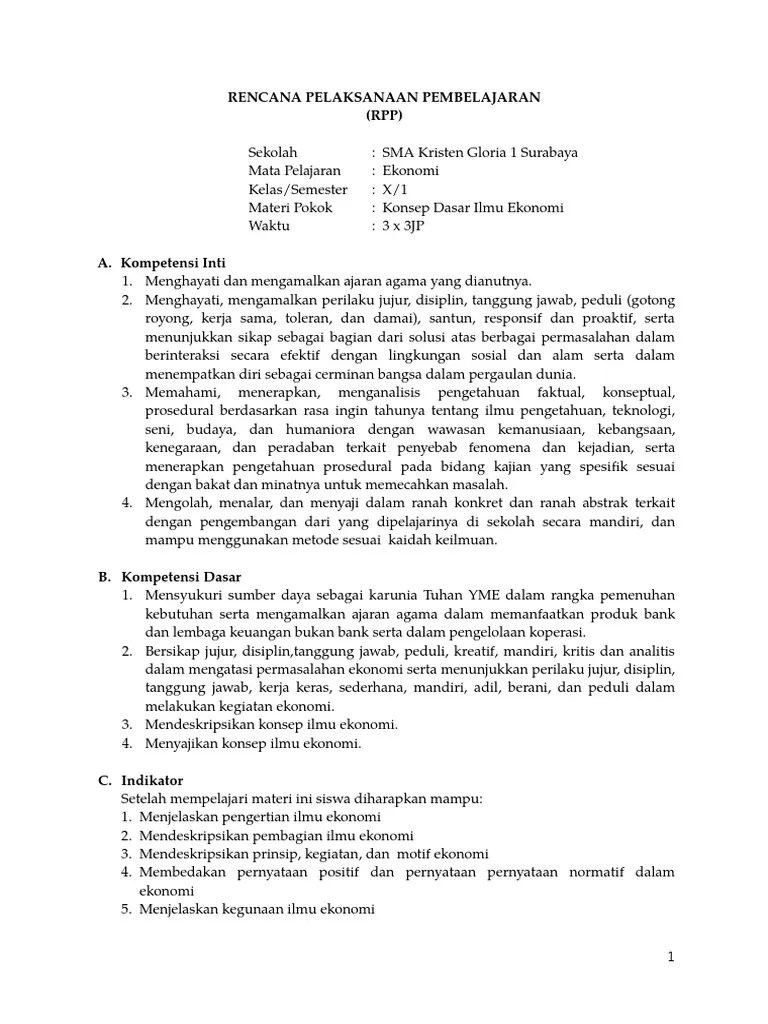 RPP Ekonomi Kelas X Bab 1 K13 (Konsep Ilmu Ekonomi) | PDF