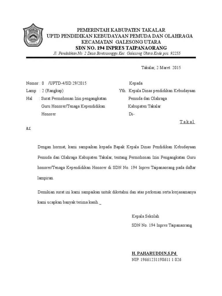 Kepala dikbudpora kabupaten tebo di muara tebo. Surat Permohonan Pengangkatan Guru Honorer Pdf