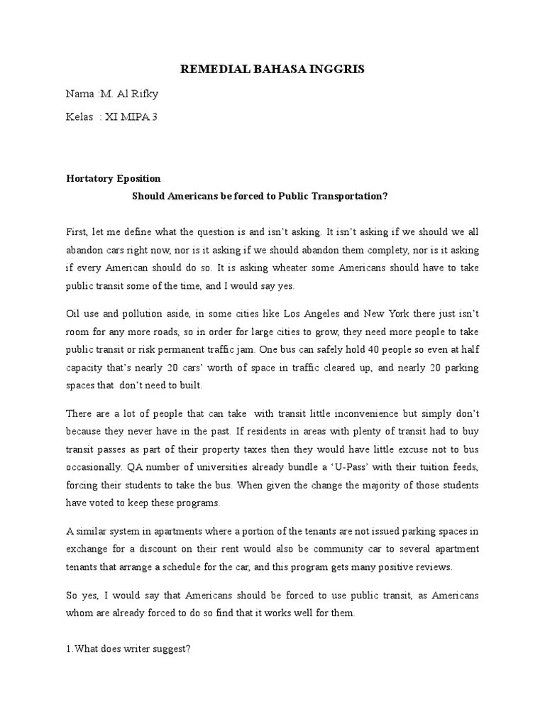 Remedial Bahasa Inggris: Nama:M. Al Rifky Kelas: XI MIPA 3 | PDF | Public  Transport | Wing