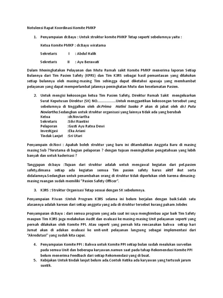 Berdasarkan laporan instalasi farmasi pada bulan januari 2012. Notulensi Rapat Koordinasi Komite Pmkp Pdf