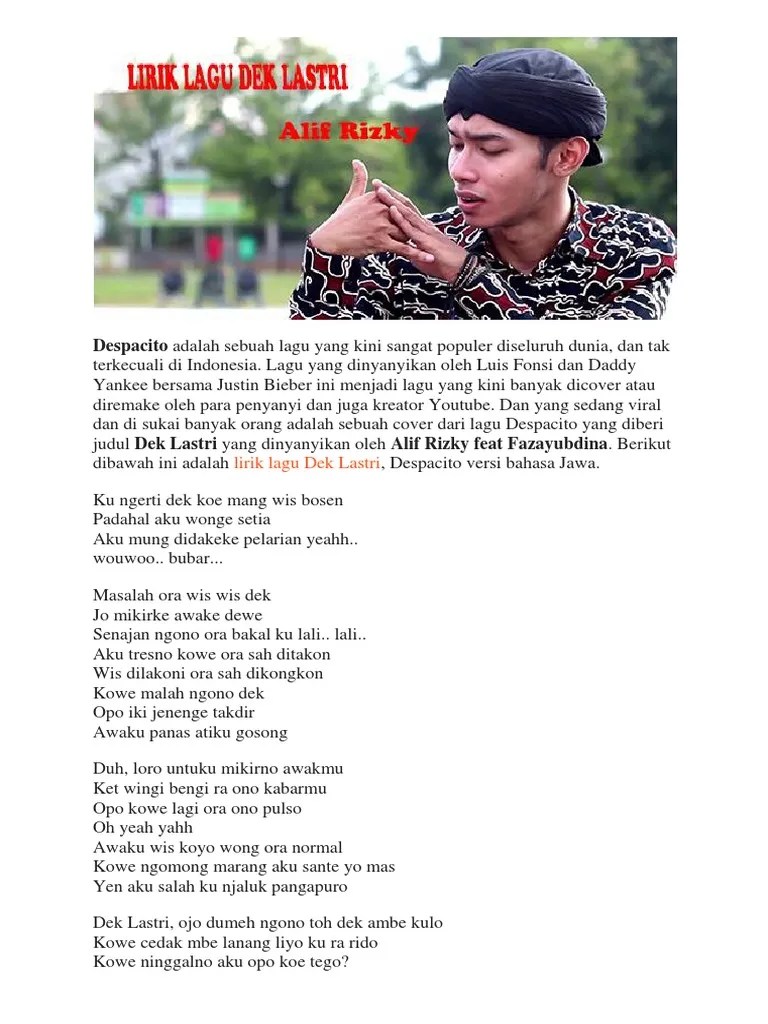 Lirik Lagu Dek Lastri, Lagu Kreatif Despacito Versi Jawa Dari Alif Rizky |  PDF
