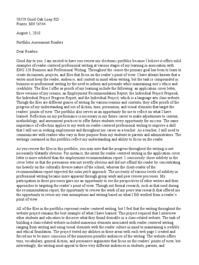 A portfolio is a sample of your career related skills and experiences and should be presented in your own creative style. Portfolio Cover Letter