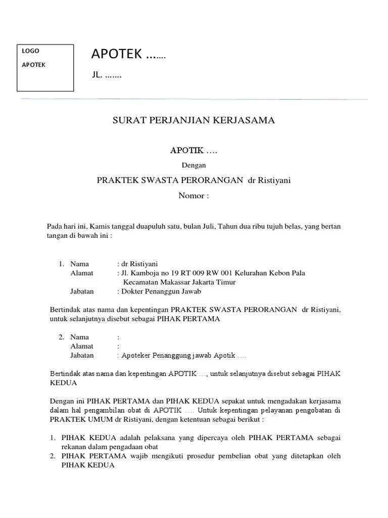 Contoh surat perjanjian kontrak kerja terbaru indonesia. Contoh Surat Perjanjian Kerjasama Antara Klinik Dengan Apotek Contoh Surat