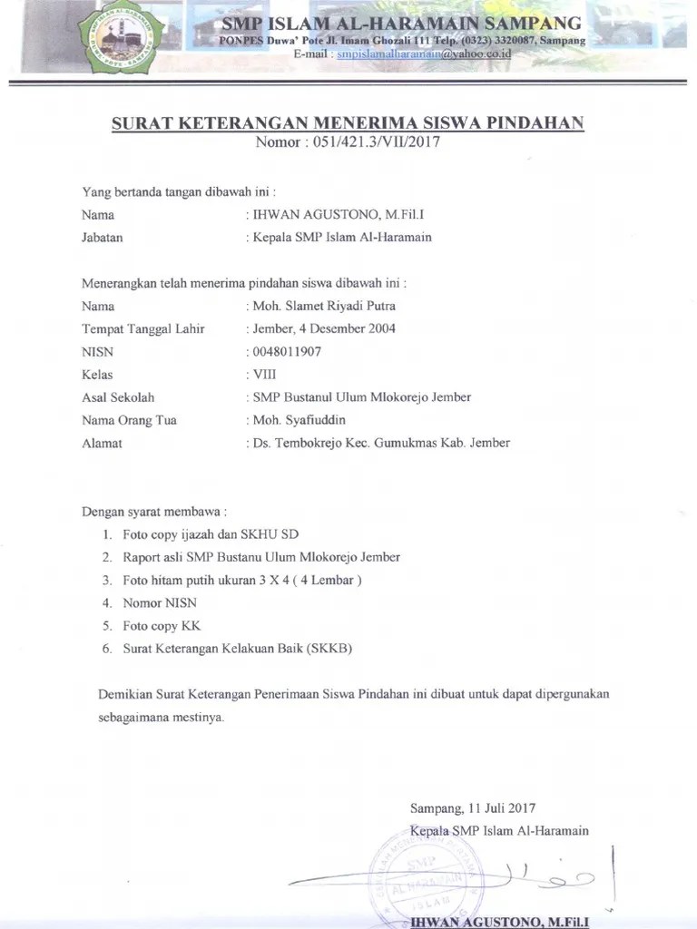 Format surat keterangan siswa berprestasi di sekolah tentunya ada siswa yang berprestasi dari sekian banyak siswa, dan terkadang ada pihak terkait yang . Surat Keterangan Menerima Siswa Baru Pdf