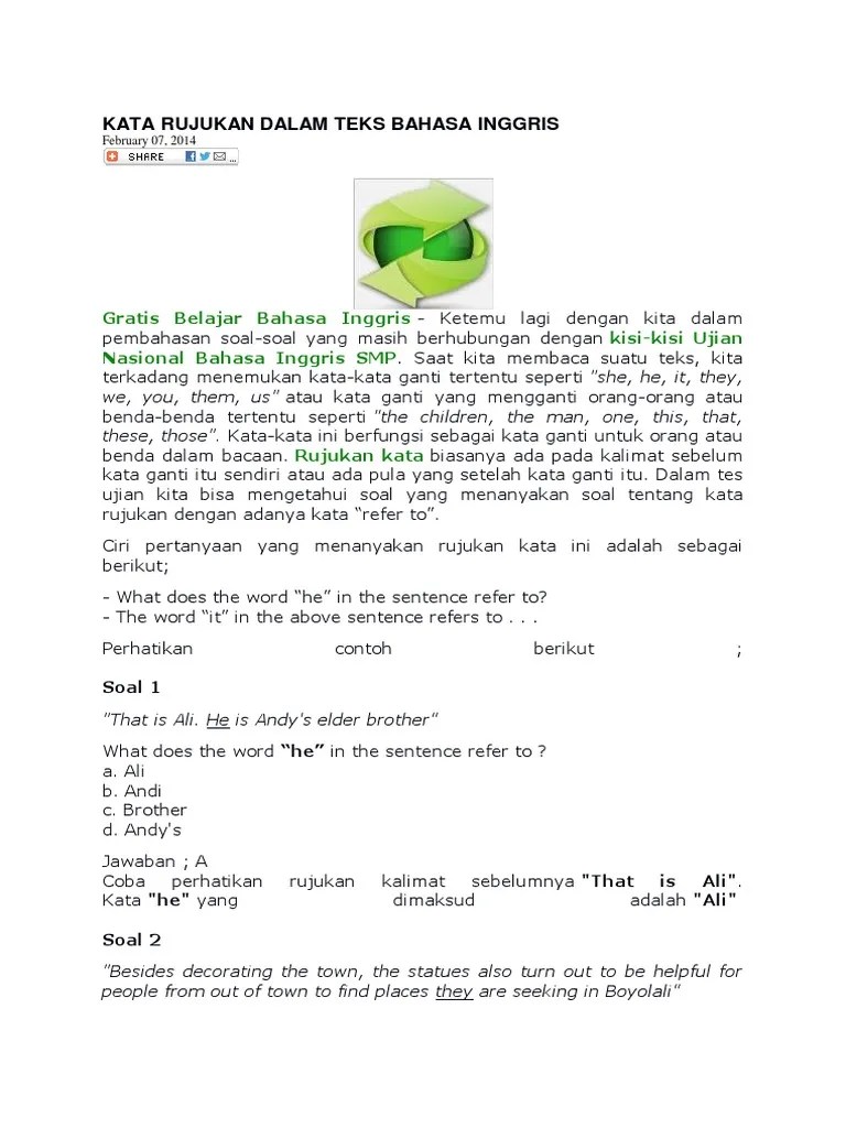 Indah memiliki mata yang indah. Kata Rujukan Dalam Teks Bahasa Inggris