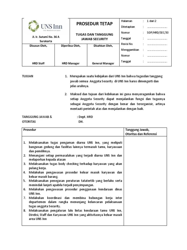 Sop - sec.Hrd.30.Tugas &amp; Tanggung Jawab Security | PDF