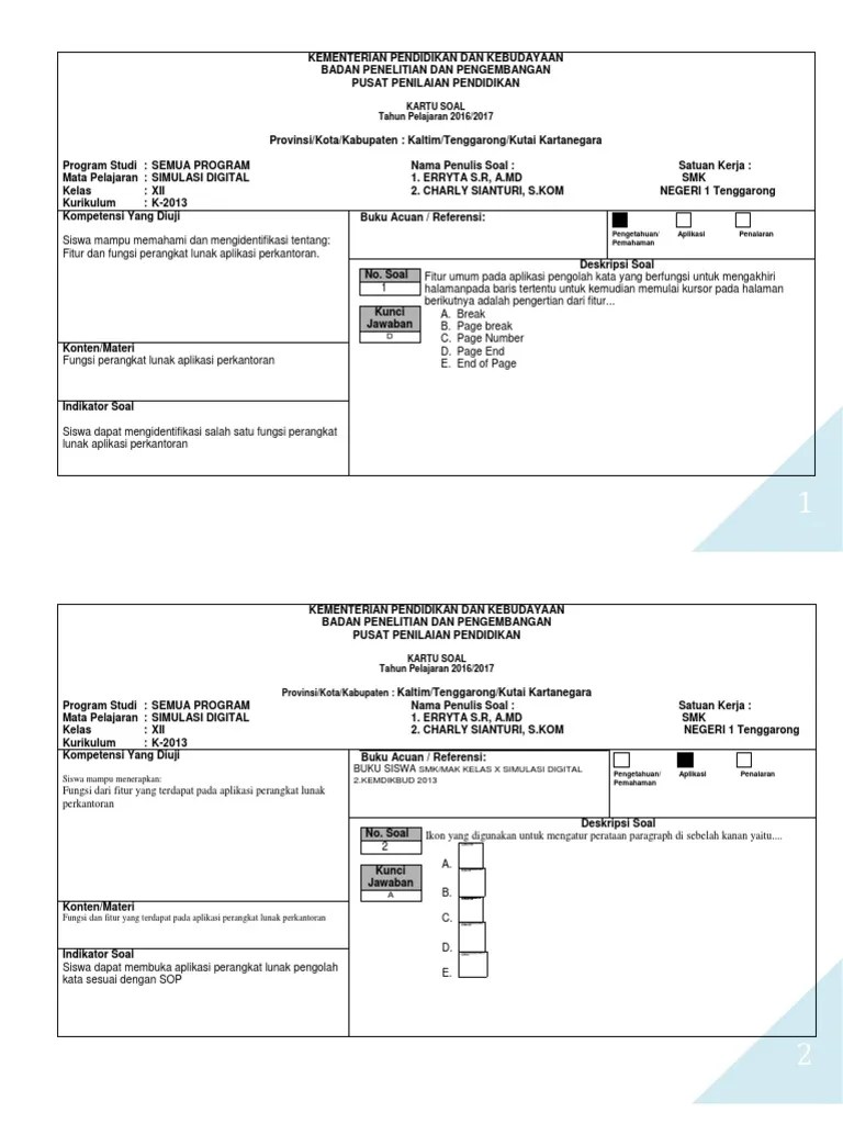 Materi simulasi dan komunikasi digital (simdig) kelas x smk k13 revisi merupakan peminatan kelompok bidang c1 yang dirancang guna mencapai kompetensi keahlian . Kartu Soal Simdig Utama Pdf
