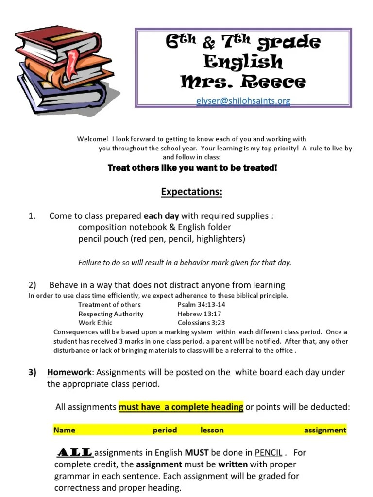 6th grade english syllabus homework test assessment