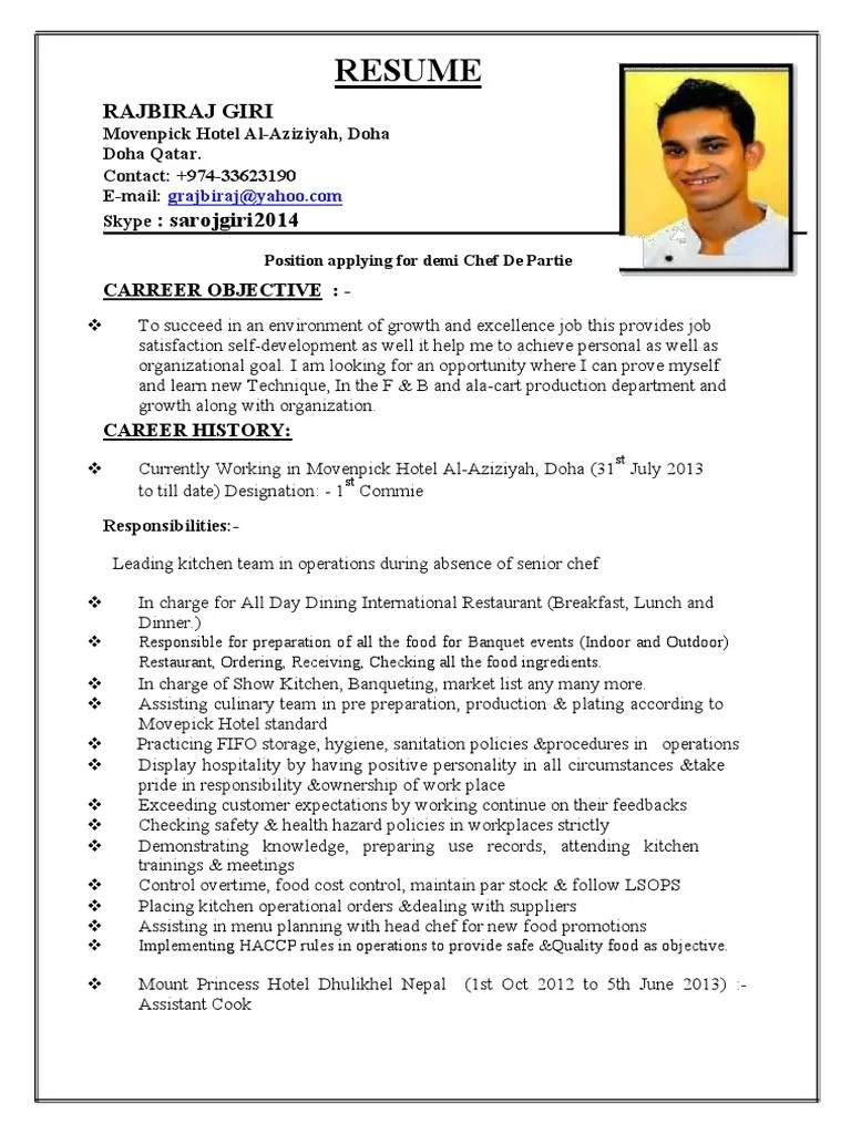 Creative and dynamic individual seeking the position of head chef at abc company; Resume Rajbiraj Pdf Chef Nepal