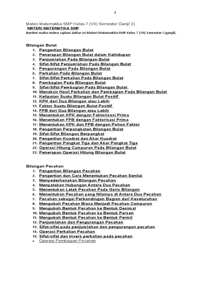 Bab 1 bilangan bulat dan pecahan hal. Materi Matematika Smp Kelas 7 Vii Semester Ganjil I