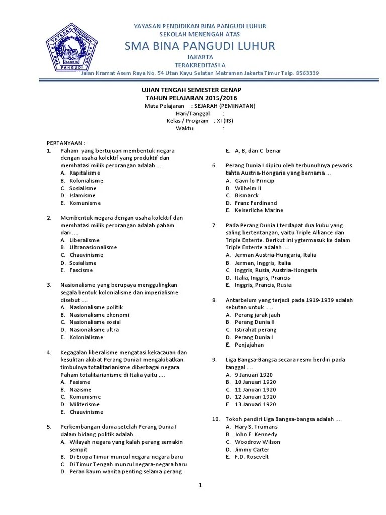 Latihan soal dan kunci jawaban sbdp uts pts kelas 2 . Soal Uts Sejarah Peminatan Kelas Xi Pdf