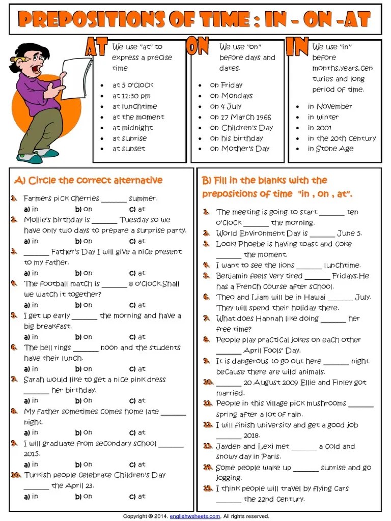 prepositions of time in on at esl grammar exercises