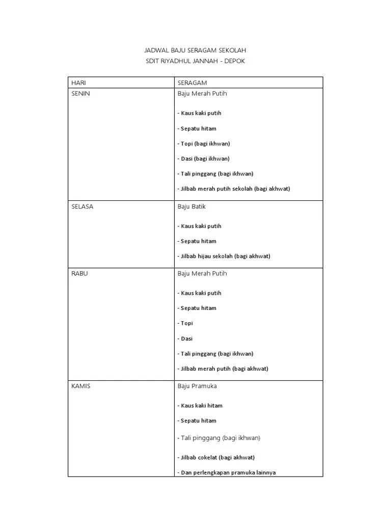 Jadwal Baju Seragam Sekolah | PDF