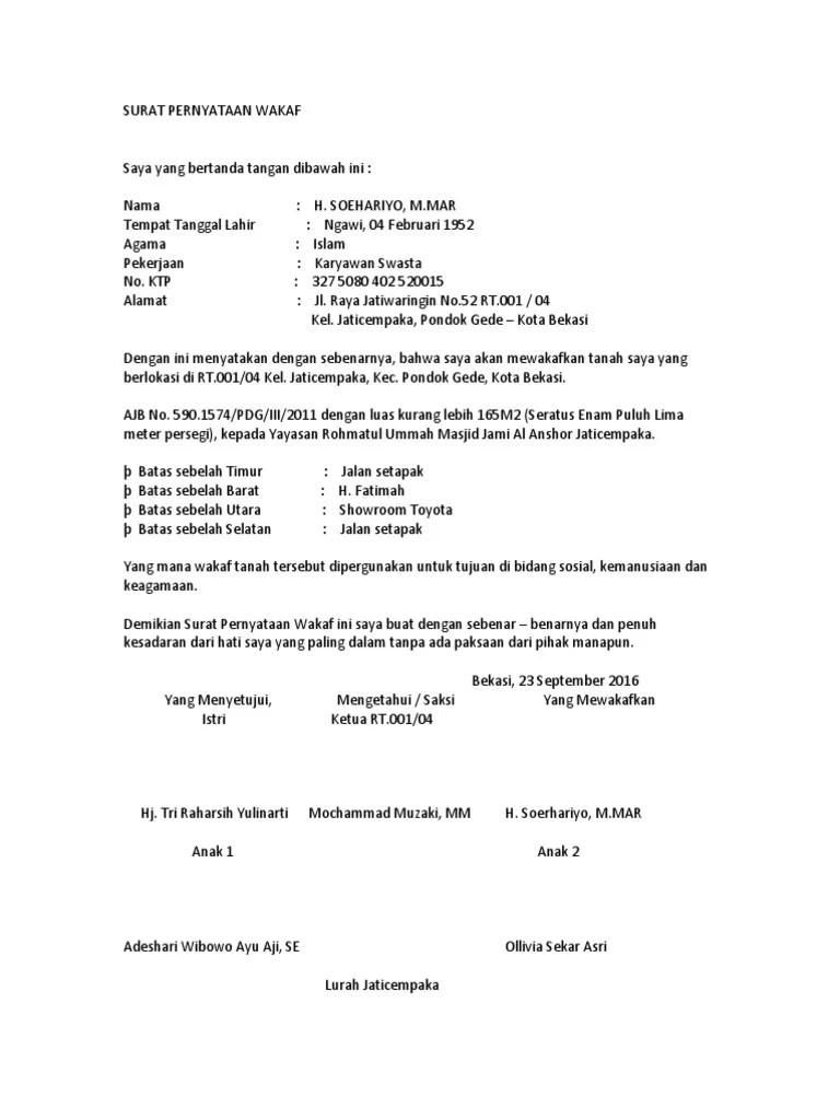 Wakaf tanah merupakan salah satu jenis perbuatan wakaf yang paling banyak diminati. Contoh Surat Pernyataan Wakaf Tanah Untuk Masjid Contoh Seputar Surat