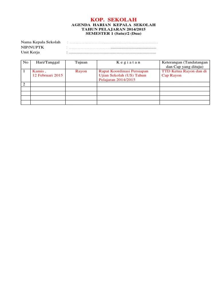 Buku agenda harian pembelajaran tahun pelajaran 2019/2020 ini. Format Agenda Harian Kepala Sekolah Pdf