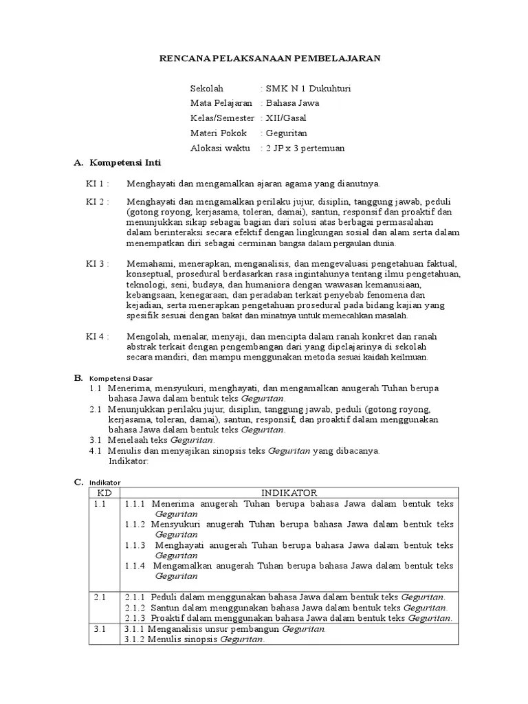 Contoh rpp bahasa jawa 1 lembar sesuai. Rpp B Jawa Geguritan Adiwiyata