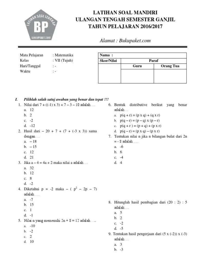 Soal Uts Matematika Kelas 7 Semester Ganjil Ktsp - Revisi Id