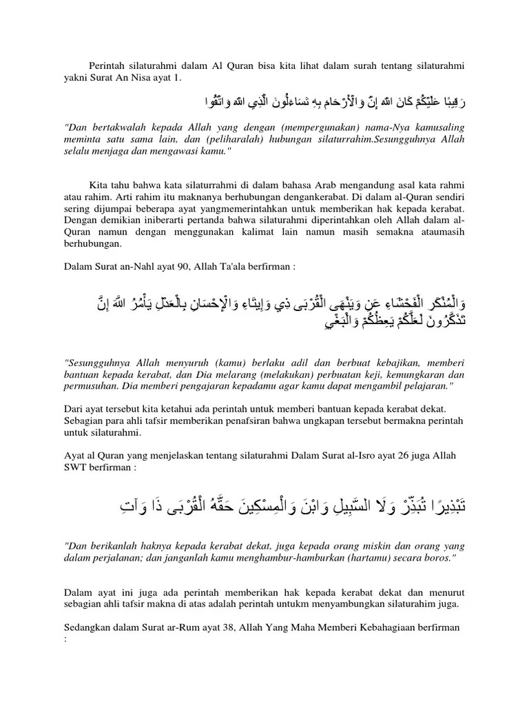 Perintah Silaturahmi Dalam Al Quran Bisa Kita Lihat Dalam Surah Tentang  Silaturahmi Yakni Surat An Nisa Ayat 1 | PDF