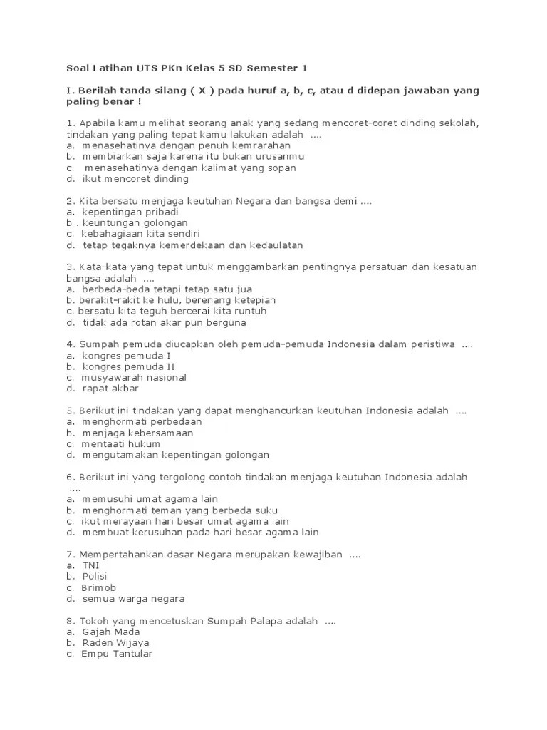 Soal Latihan UTS PKN Kelas 5 SD Semester 1 | PDF