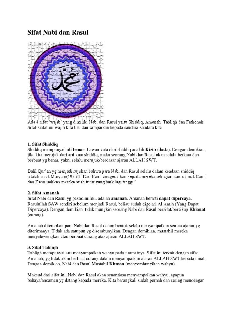 Lawan Kata Sifat Wajib Rasul Amanah Adalah