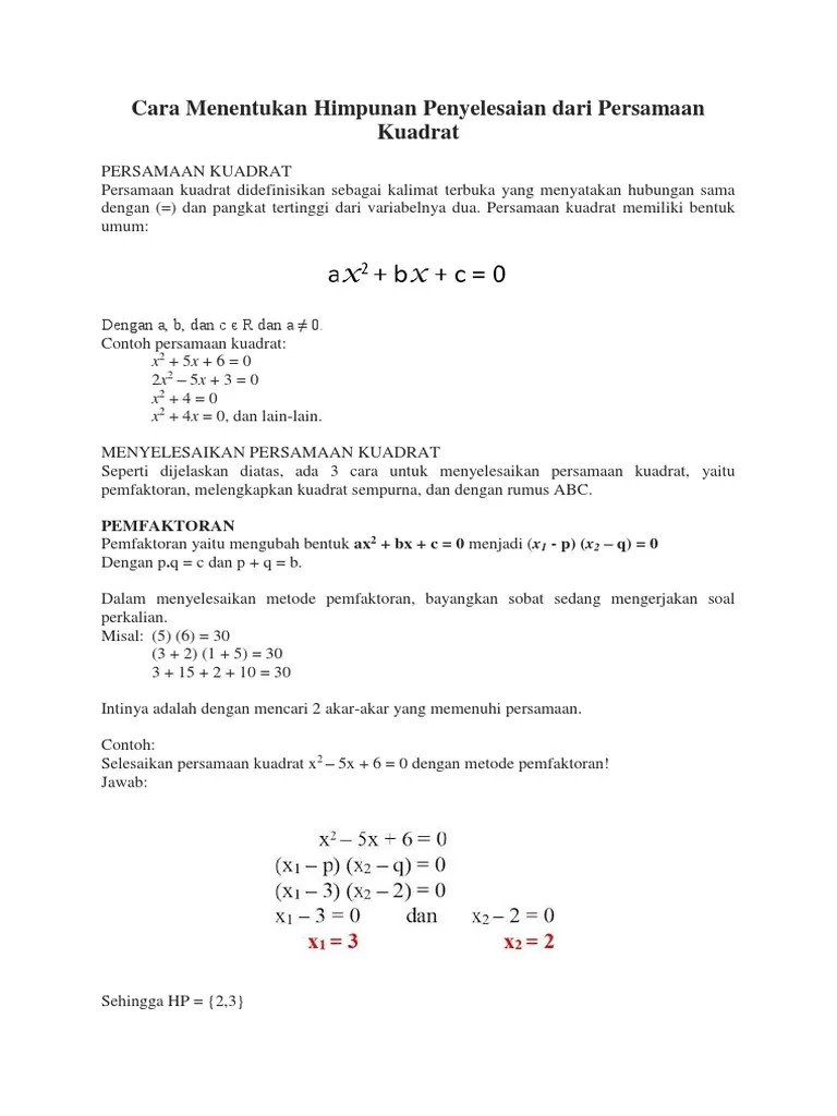 Cara Menentukan Himpunan Penyelesaian Dari Persamaan Kuadrat | PDF