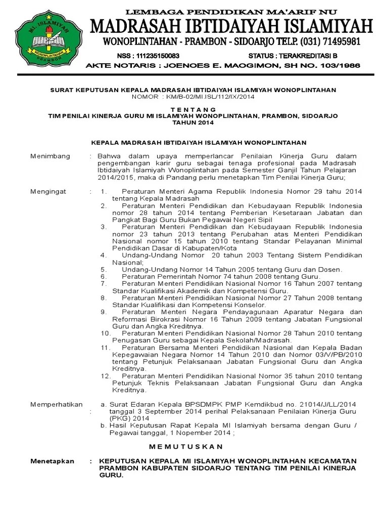 Tim pelaksana supervisi dan penilaian kinerja tendik seperti tersebut pada lampiran i surat keputusan ini bertugas untuk menilai kinerja guru sesuai dengan pedoman pelaksanaan kinerja guru Contoh Sk Tim Penilaian Kinerja Guru Seputaran Guru