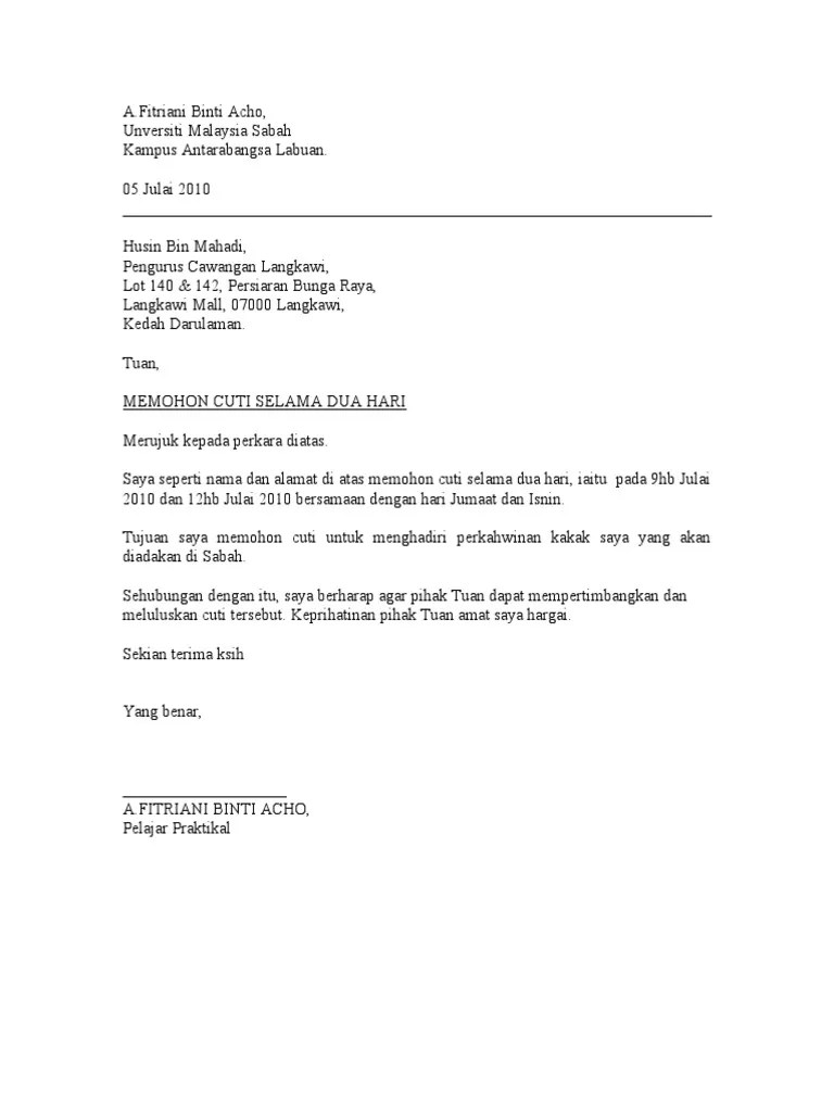 Surat Rasmi Cuti Kerja / Contoh Surat Izin Cuti Melahirkan Untuk Guru Honorer Ruangdiary Com