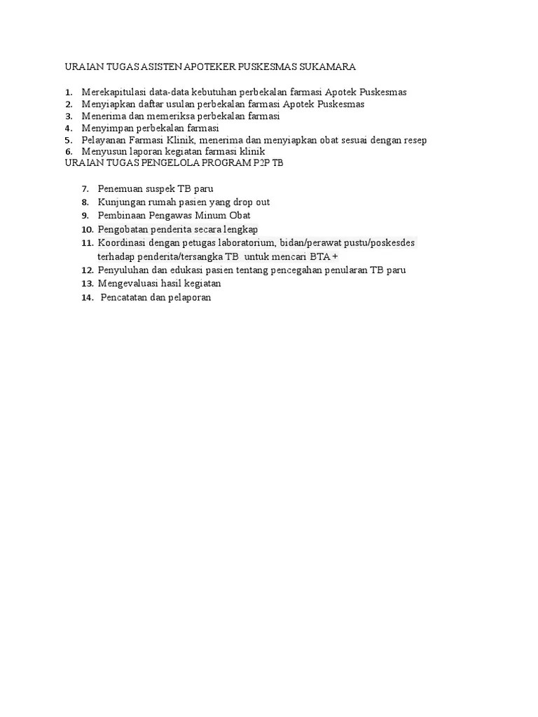 Uraian Tugas Asisten Apoteker Puskesmas | PDF