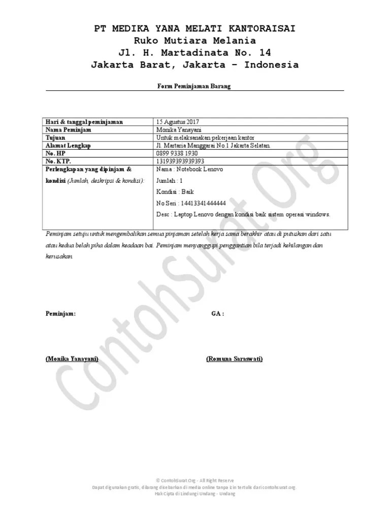 Melalui surat ini saya : . Contoh Form Peminjaman Barang Inventaris Kantor Pdf