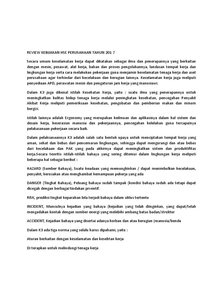 Kecukupan pemenuhan penerapan sistem manajemen . D Review Kebijakan Hse Perusahaan Tahun 201 7 Pdf