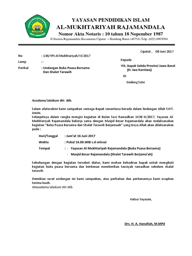 Berikut contoh surat undangan untuk bukber alumni/lainnya. Surat Undangan Buka Puasa Bersama Yayasan Pdf