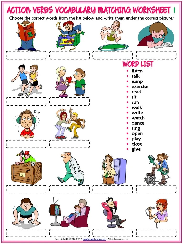 action verbs vocabulary esl matching exercise worksheets for kids pdf vocabulary linguistics