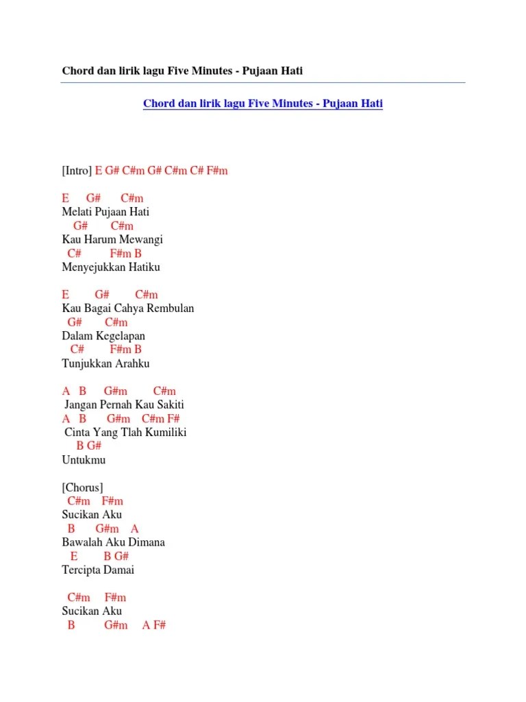 Chord Dan Lirik Lagu Five Minutes - Pujaan Hati | PDF
