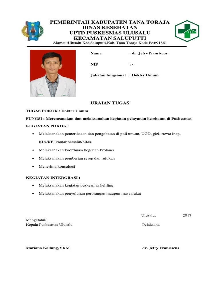 Uraian Tugas Pokok Dokter Umum Di Puskesmas Ulusalu | PDF