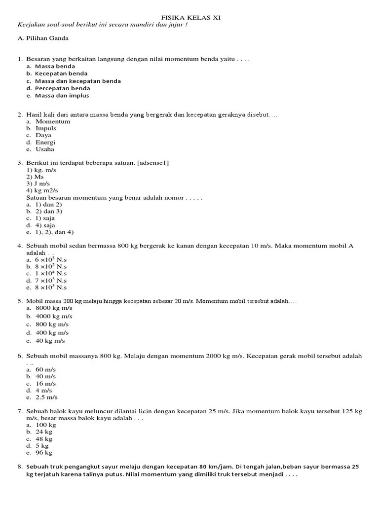 Soal PTS FISIKA Kelas XI 2017-2018 | PDF