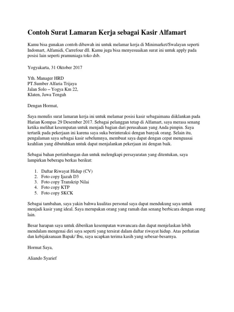 Graduate untuk melamar sebagai crew store alfamart seperti helper. Contoh Surat Lamaran Kerja Sebagai Kasir Alfamart Pdf