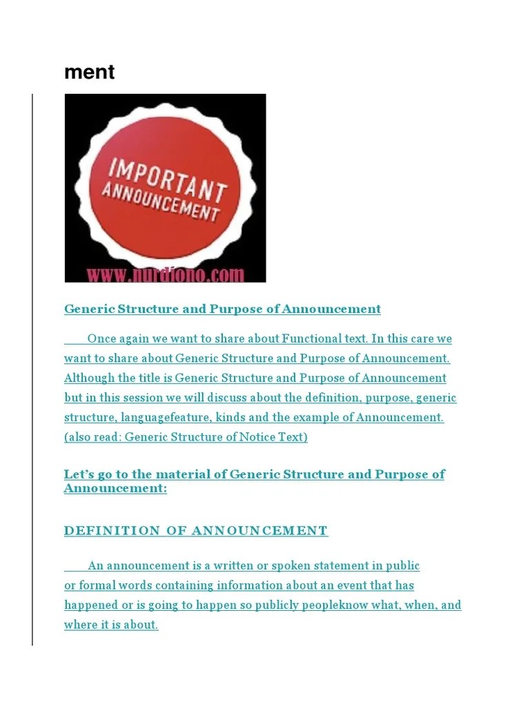 Announcement Text Definition Purpose Generic Structure