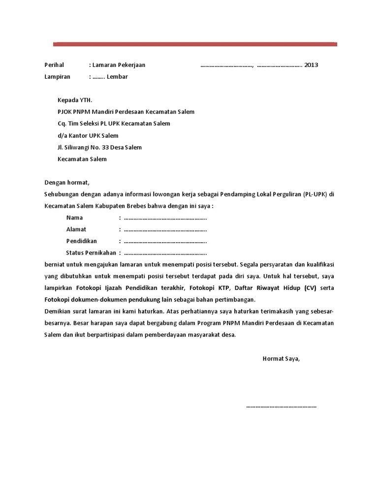 Contoh surat lamaran kerja di kantor kecamatan. Contoh Surat Lamaran Dan Cv Lamaran Pl Upk Salem Pdf