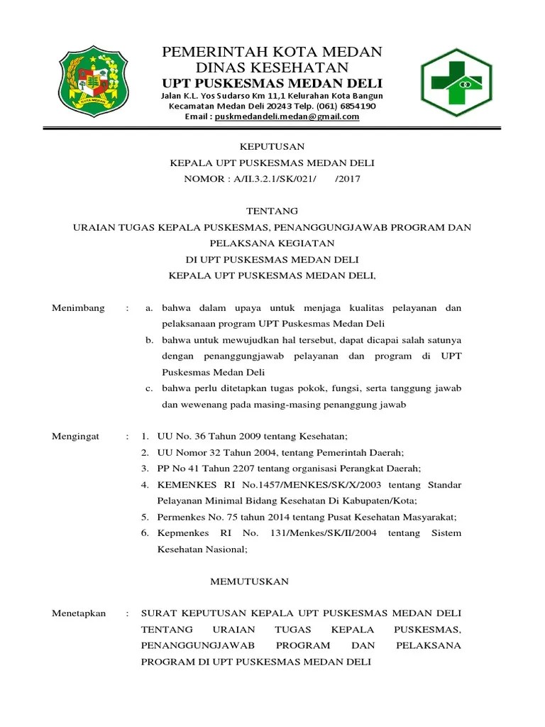 2.3.2.1 SK Uraian Tugas Kepala Puskesmas, Penanggungjawab Program Dan  Pelaksana Kegiatan | PDF