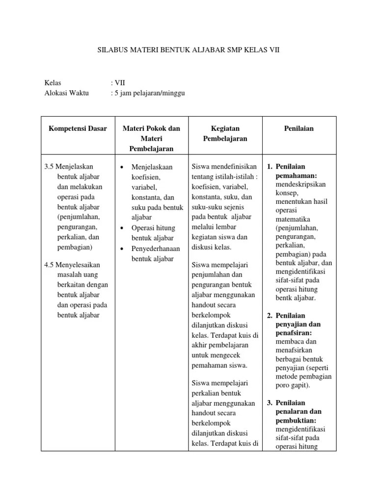 Laboratorium kimia, fisika.suhu daerah a ialah 60 c di bawah nol, suhu daerah b ialah 280c di atas nol , dan suhu daerah c ialah sempurna di. Silabus Materi Bentuk Aljabar Smp Kelas Vii Pdf