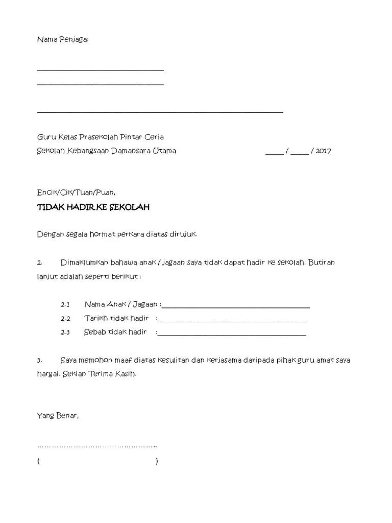 Surat rasmi melawat orang sakit format: Surat Tidak Hadir Ke Sekolah Tanpa Mc Pdf