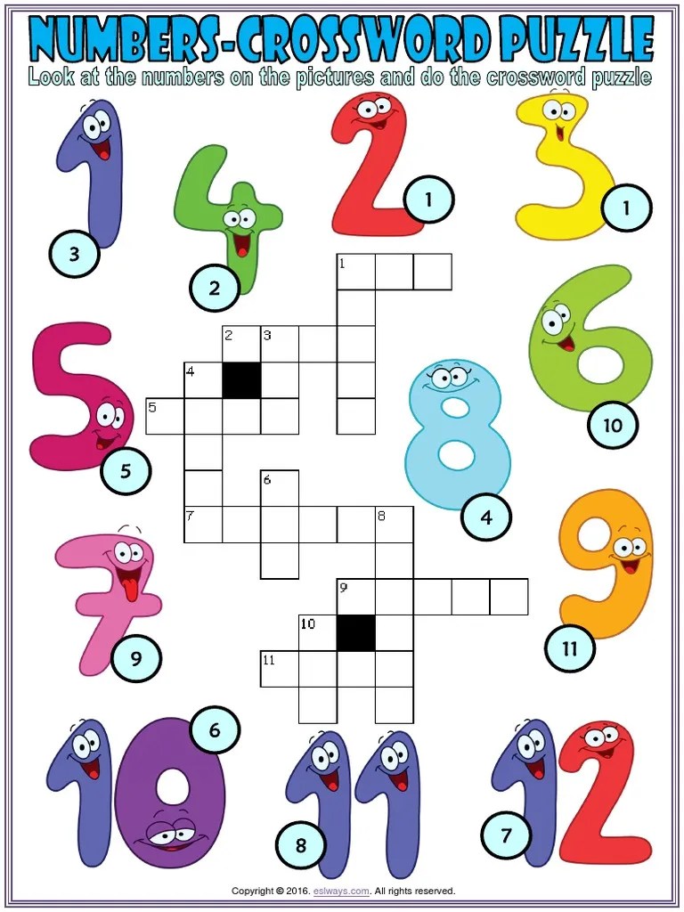numbers esl vocabulary crossword puzzle worksheet for kids
