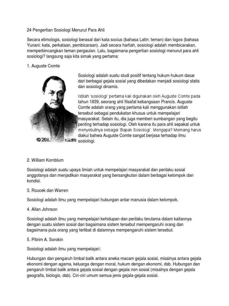 24 Pengertian Sosiologi Menurut para Ahli | PDF